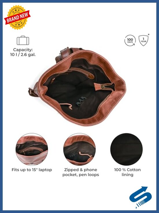 Genuine Leather Backpack Roll-Top Closure YKK Zipper Vegetable-Tanned Daypack